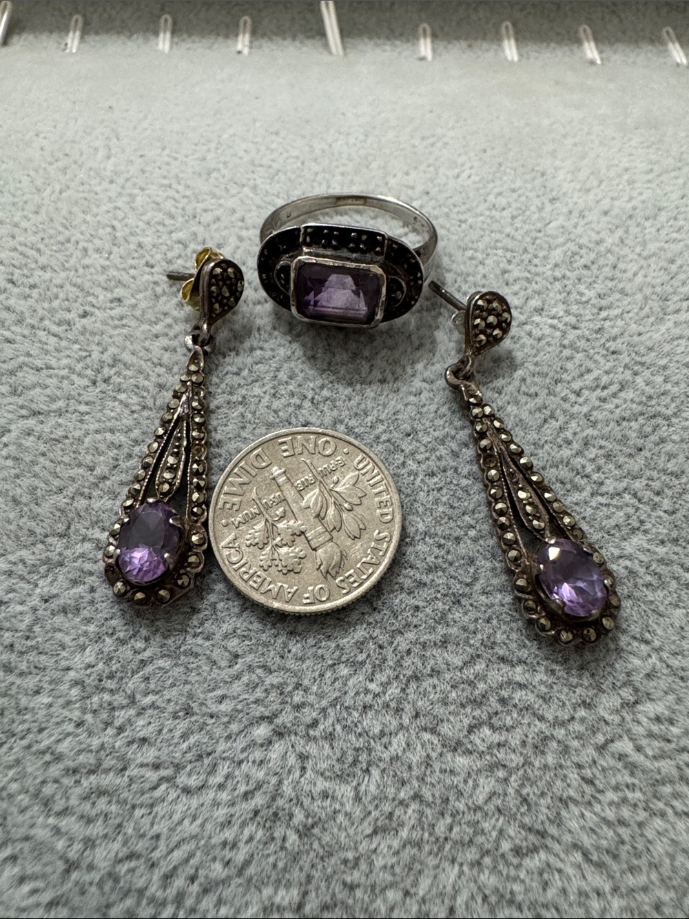 Vintage-Style Purple Teardrop Dangle Earrings and ring 925 silver and marquesita